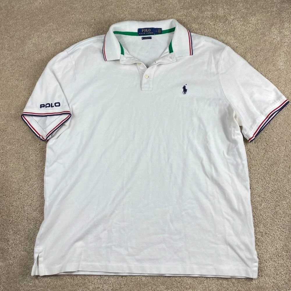 Polo Ralph‎ Lauren Mens White Classic Fit Pique Polo Shirt Large Red Blue Trim